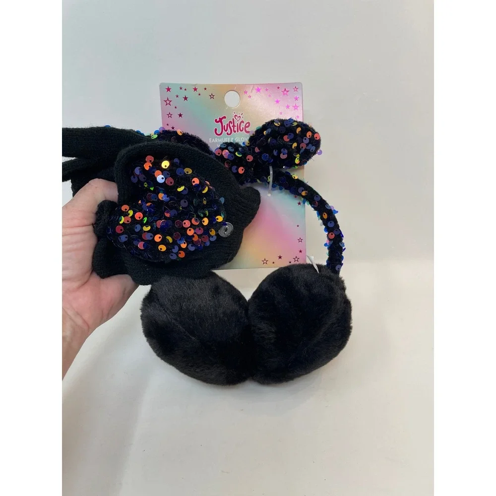 Justice Earmuff & Glove Set Kids OS Black New Sequin Faux Fur Winter Accessory
